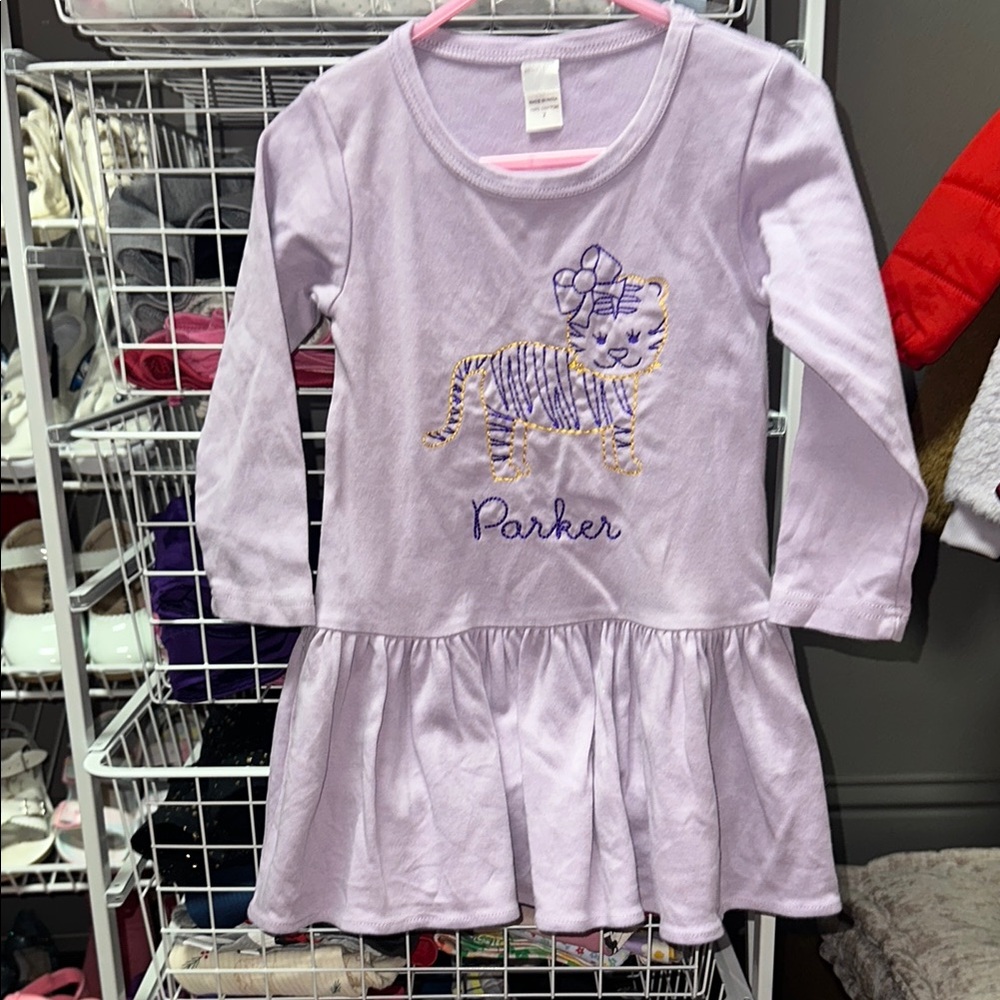 Purple Long Sleeve Dress. Tiger with bow embroidery.